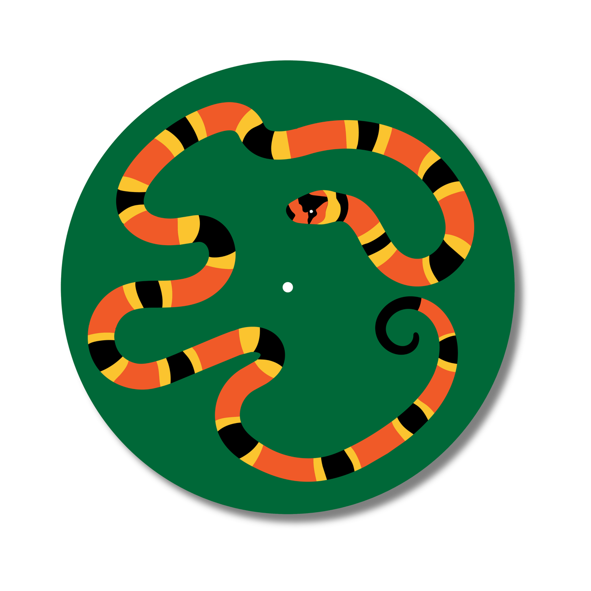 Green record player slipmat design with orange, yellow, and black snake design on a white background
