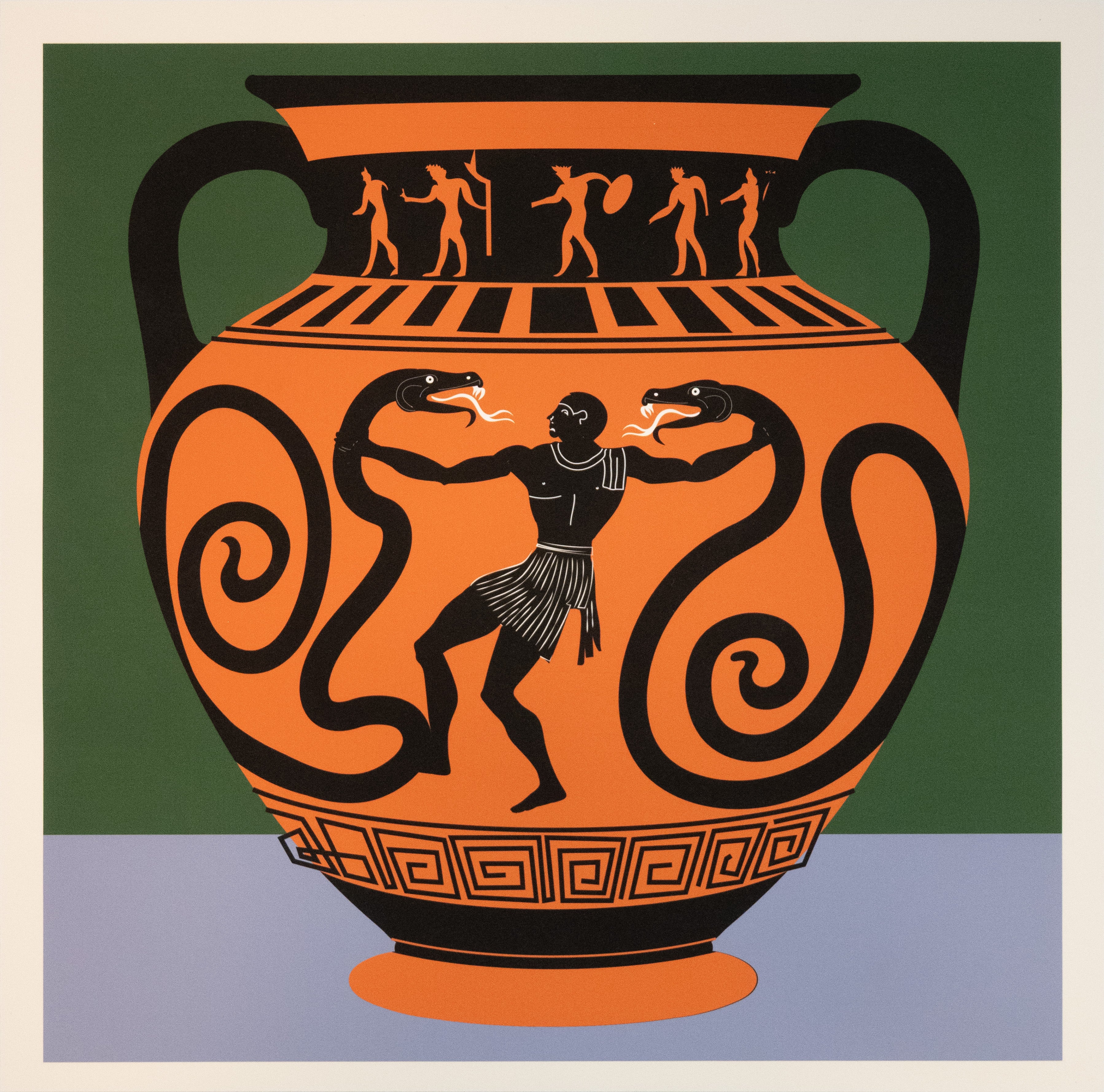 Art print with heroic "man with snakes" vase design with with periwinkle and forest green background with white border