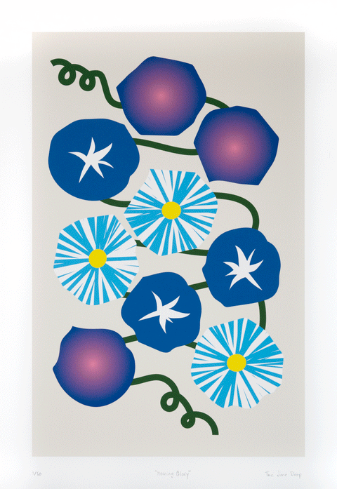 Blue and purple morning glory flowers with yellow and white accents on a green vine over an off-white background