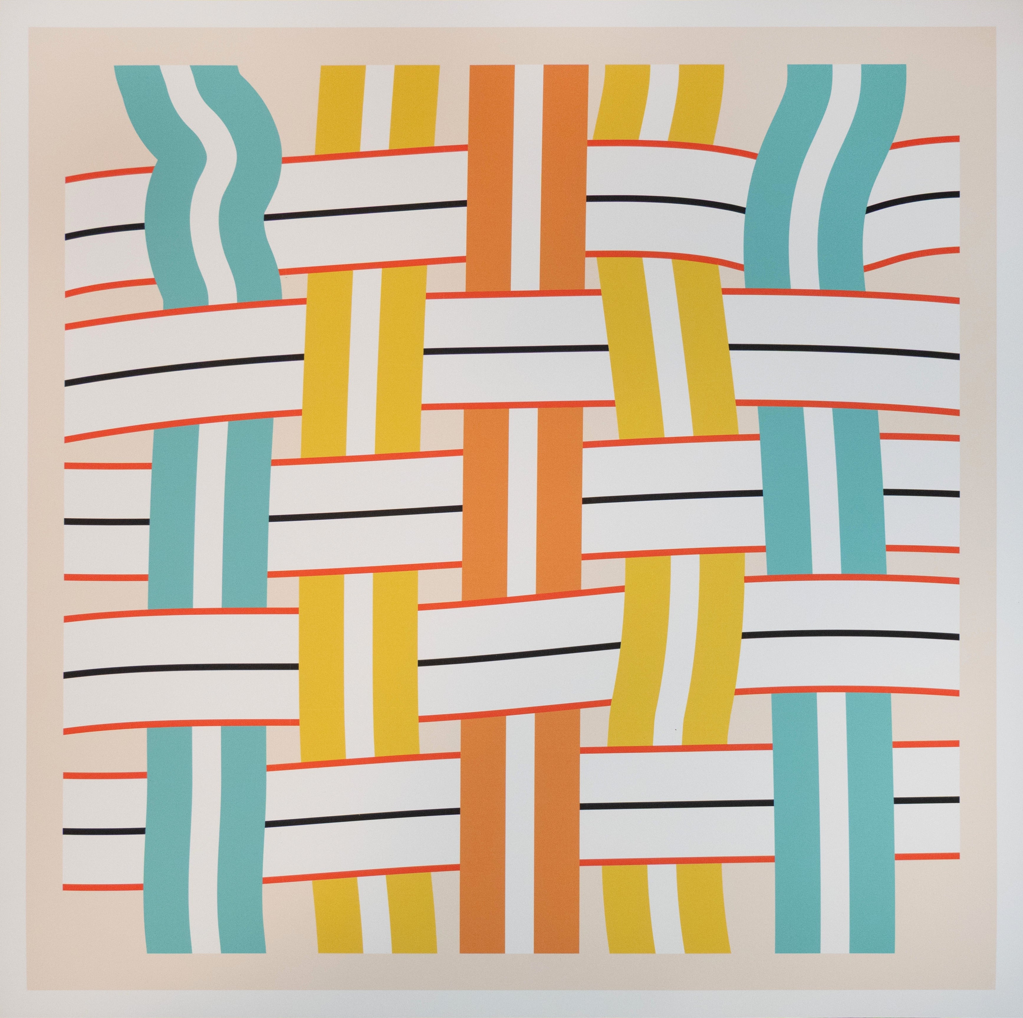 Multicolor orange yellow and teal geometric lawn chair pattern print with horizontal and vertical lines on a beige background with white border