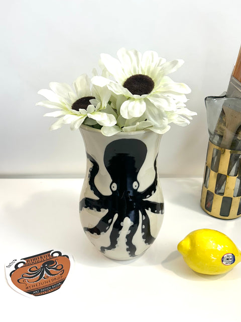 Handpainted wheel thrown ceramic octopus vase with eclectic styling