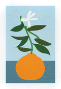 Pop art style minimalist orange print with blue background and white flower