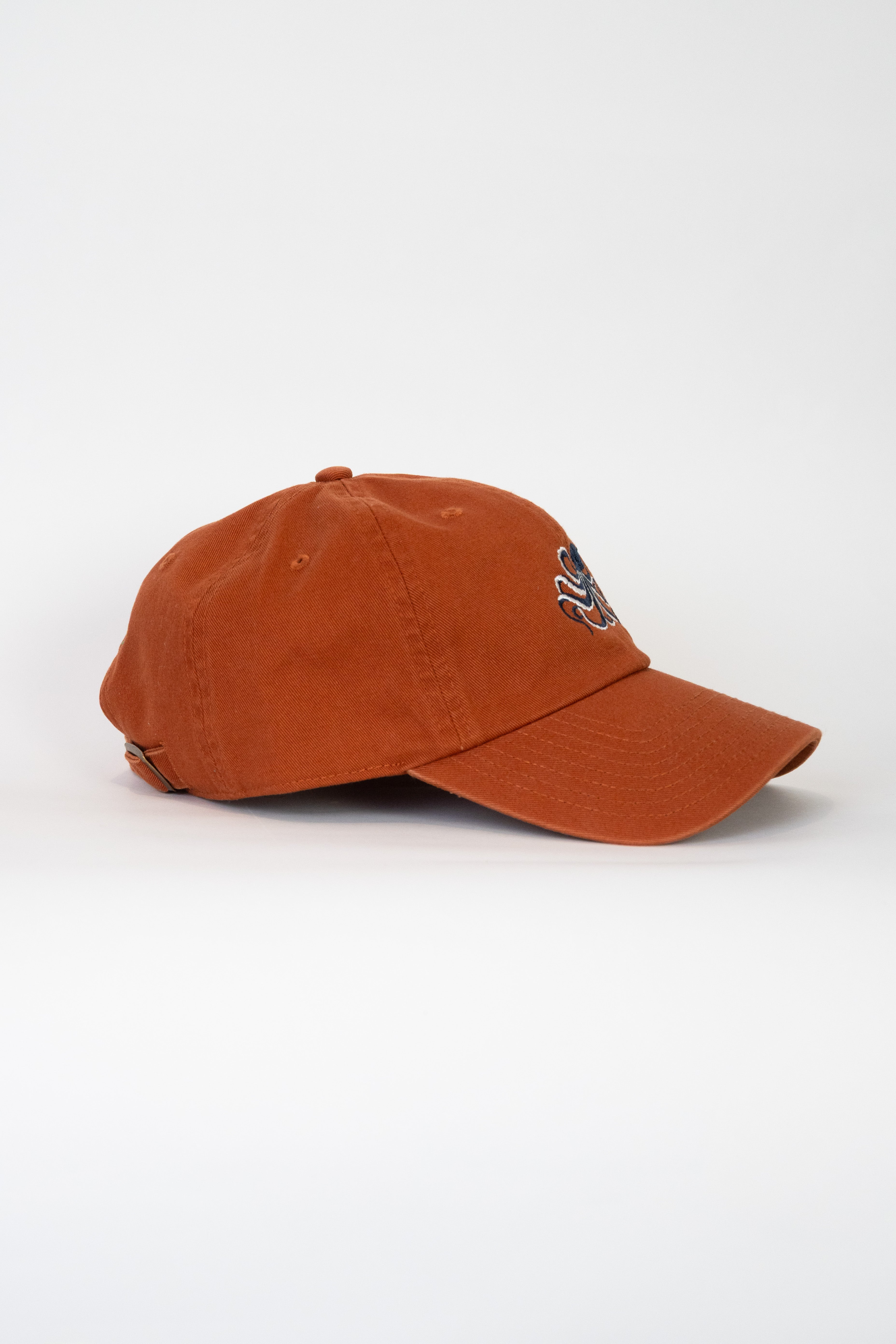 Burnt orange cap with a logo on a white background