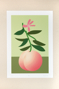 Colorful contemporary pop art print with green background and minimalist peach design with pink flower and green leaves