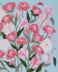Floral illustration with pink and white peony flowers on a light blue background