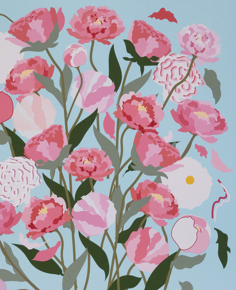 Floral illustration with pink and white peony flowers on a light blue background