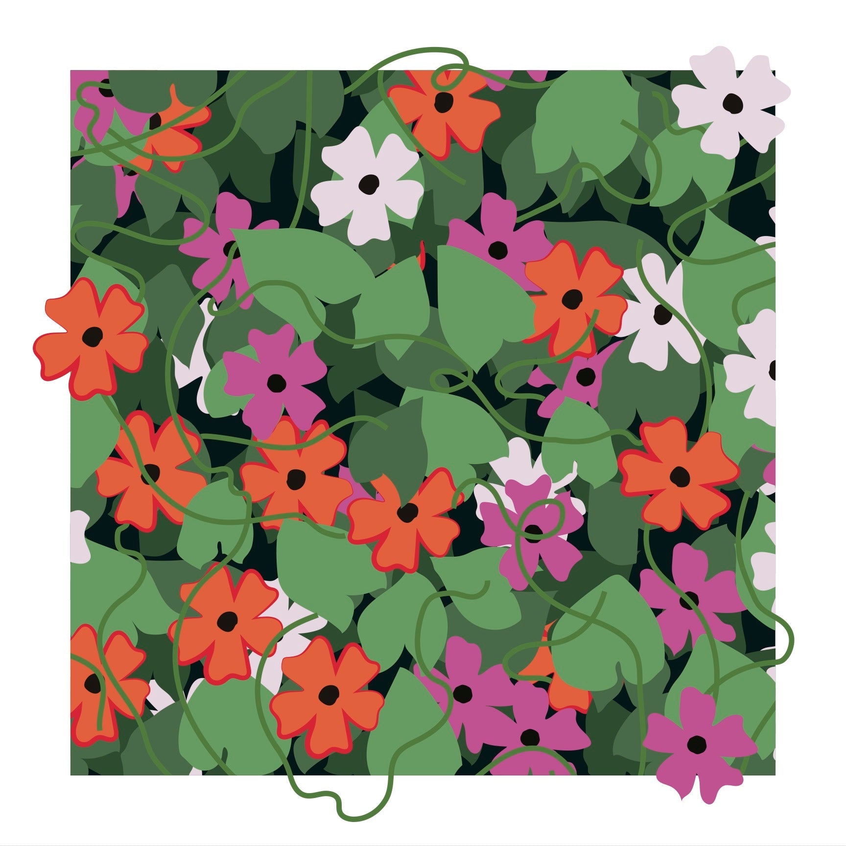 Floral pattern with flowers and leaves on a green background