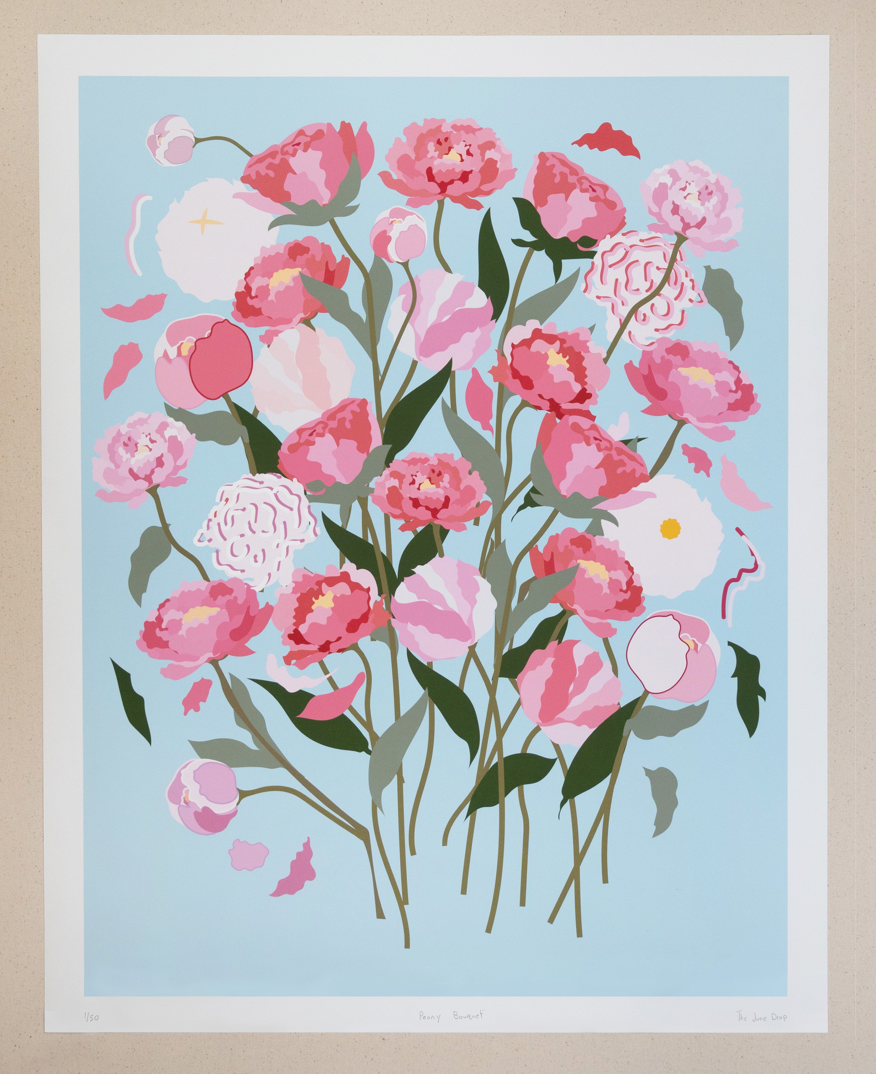 Floral illustration with pink flowers on a light blue background