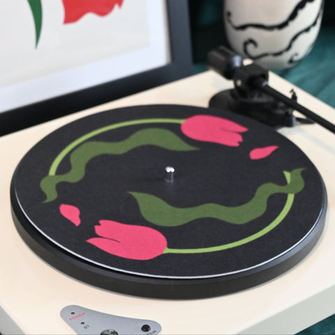 Turntable with floral slipmat with colorful custom artwork design - styled with art and ceramic pieces