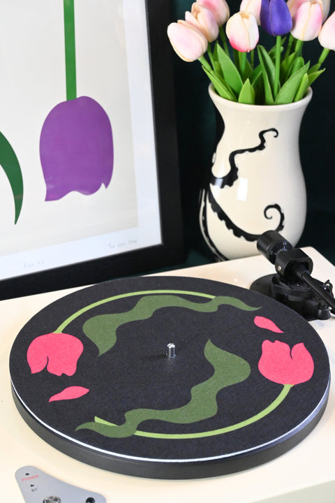 Turntable with floral slipmat with colorful custom artwork design - styled with art and ceramic pieces