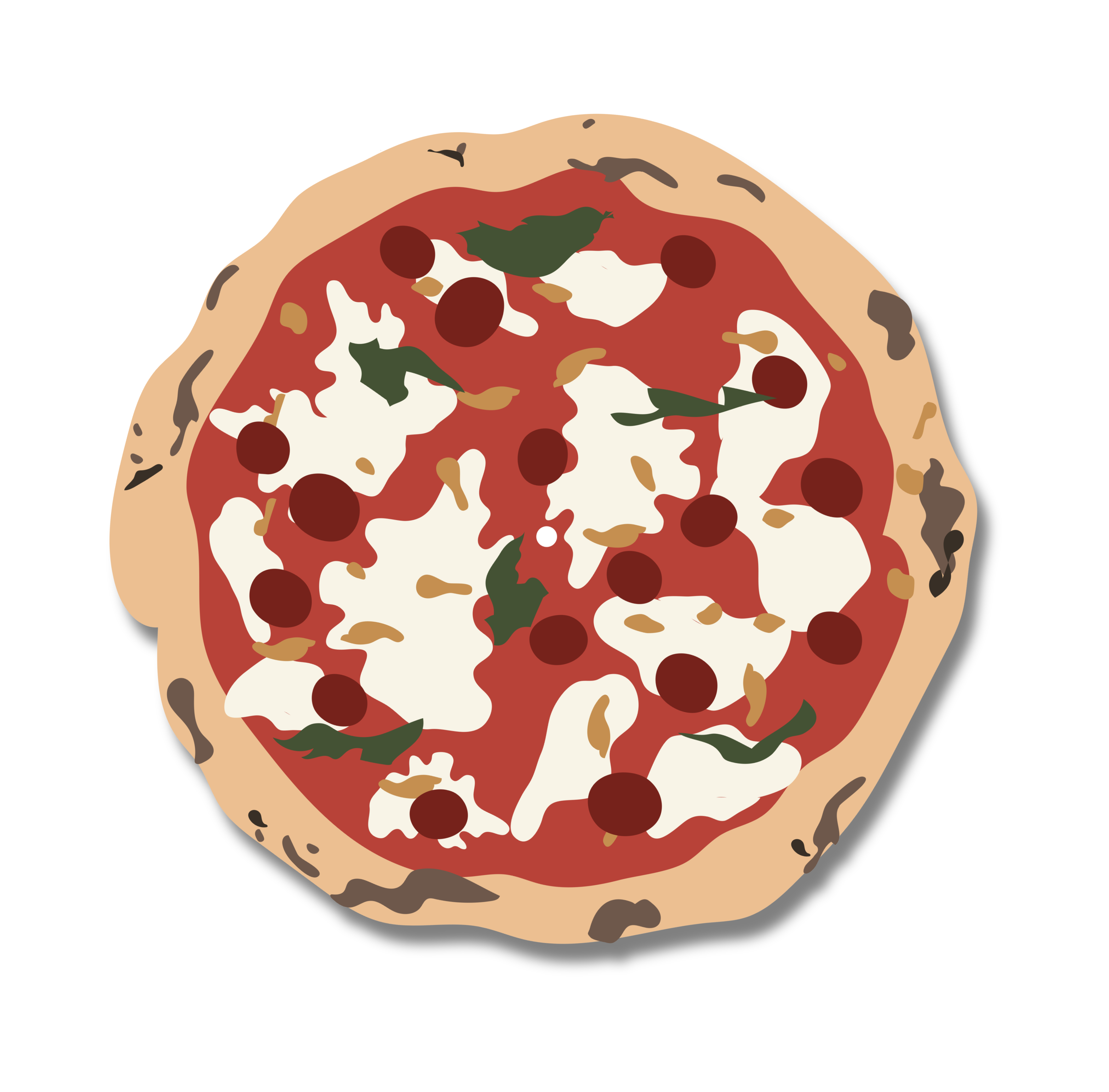 Irregular shaped slipmat design with illustration of a pizza with tomato sauce, cheese, and basil leaves on a white background. 