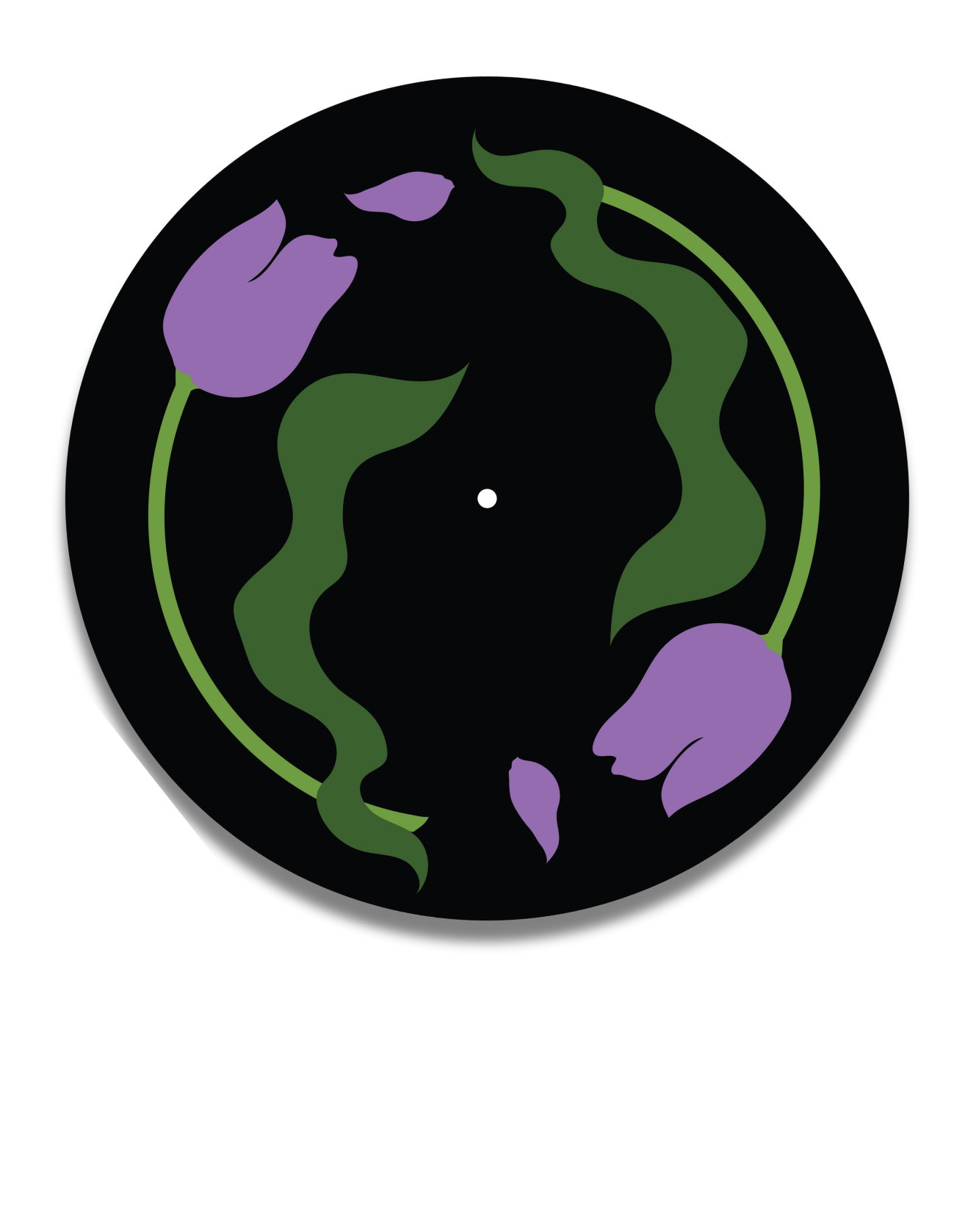 Decorative record player slipmat with purple tulips and green leaves on a black background