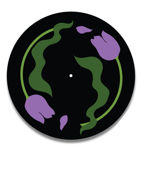 Decorative record player slipmat with purple tulips and green leaves on a black background