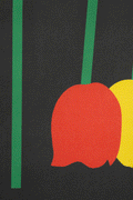 Close up of a piece of canvas artwork featuring a black background with green lines and red and yellow shapes depicting wilted tulips.