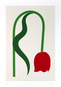 Minimalist wilted tulip contemporary print design with red, green, and beige colors