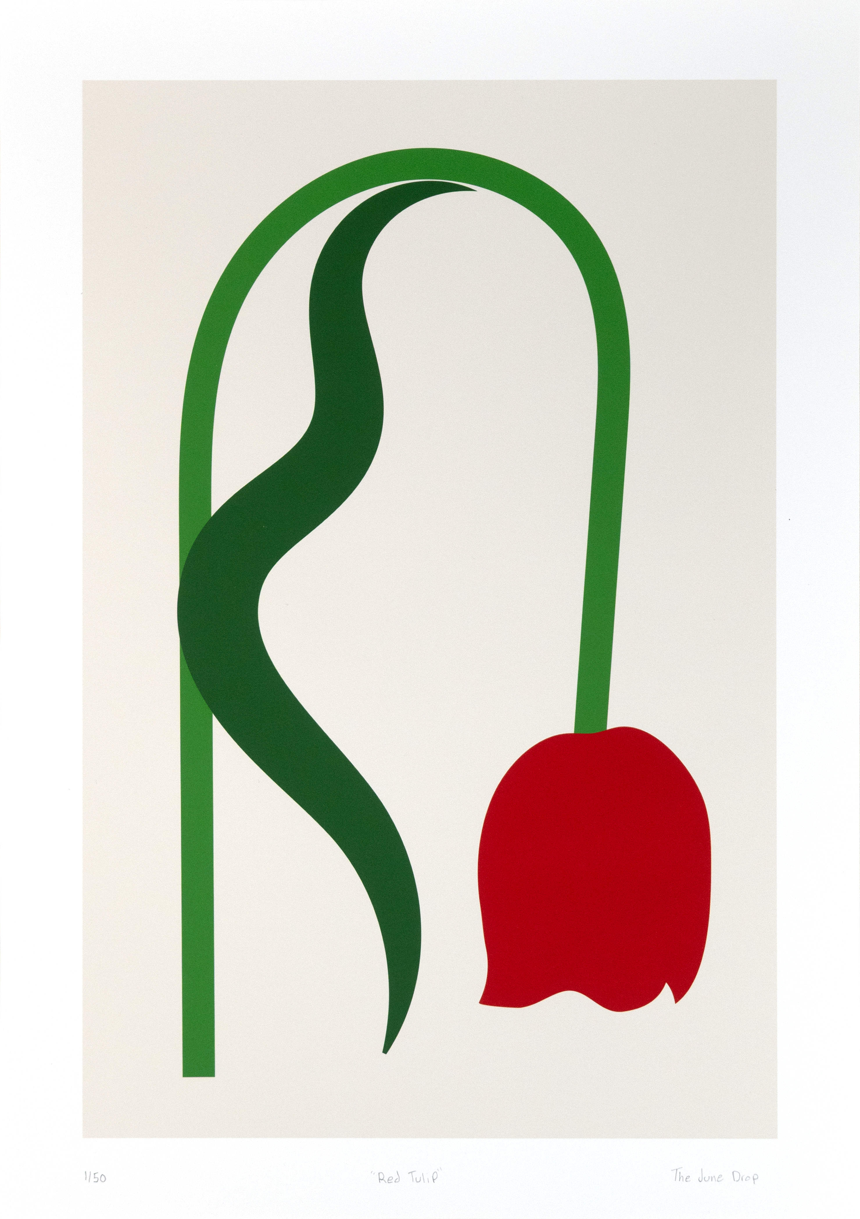Minimalist wilted tulip contemporary print design with red, green, and beige colors