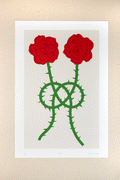 Minimal print design with red roses and green prickly stems tied in a knot over an off-white background
