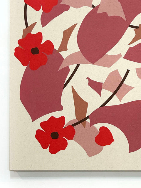 Close up of abstract design details in red, pink, and black