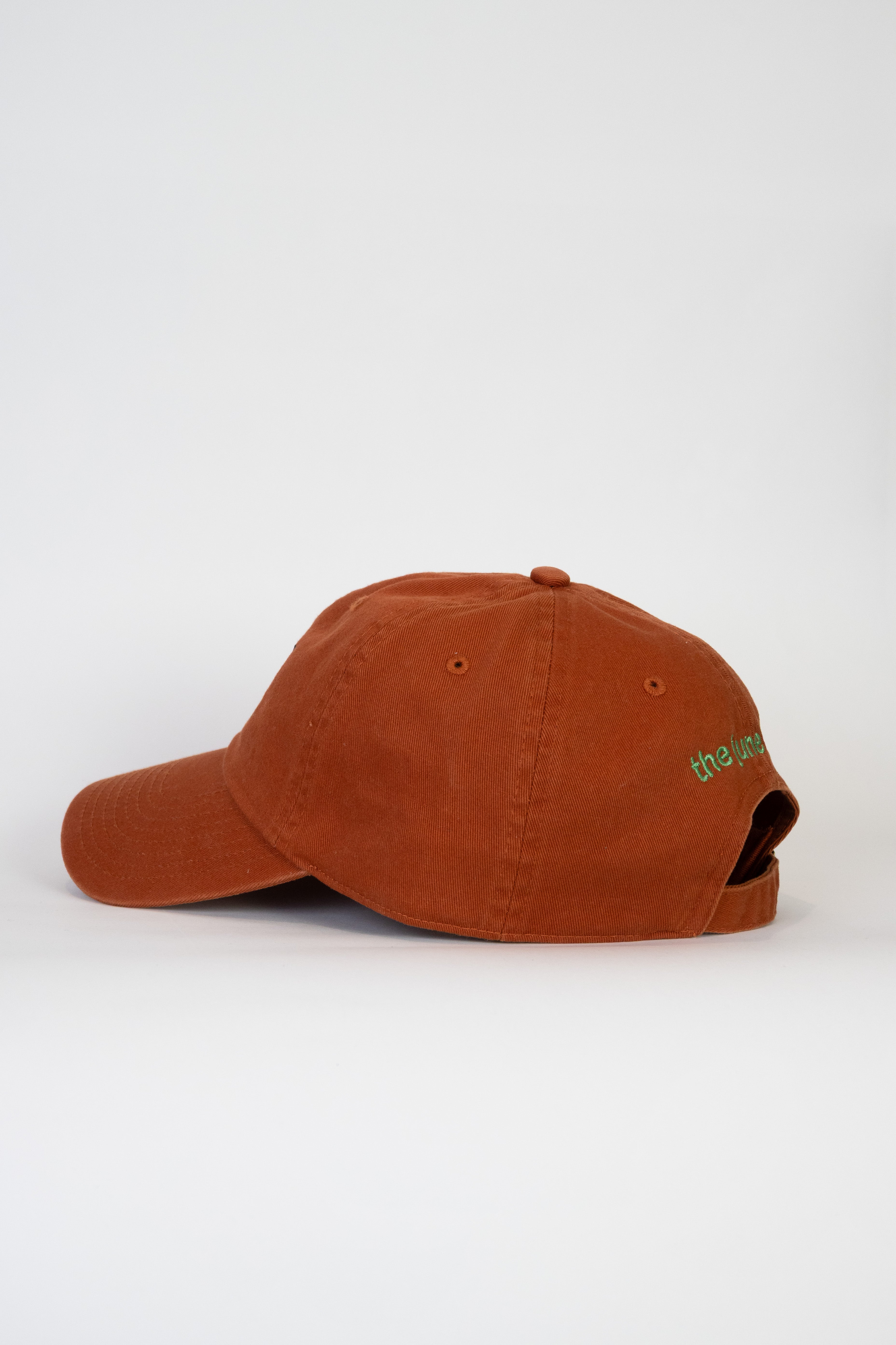 Burnt orange baseball cap with green text on a white background
