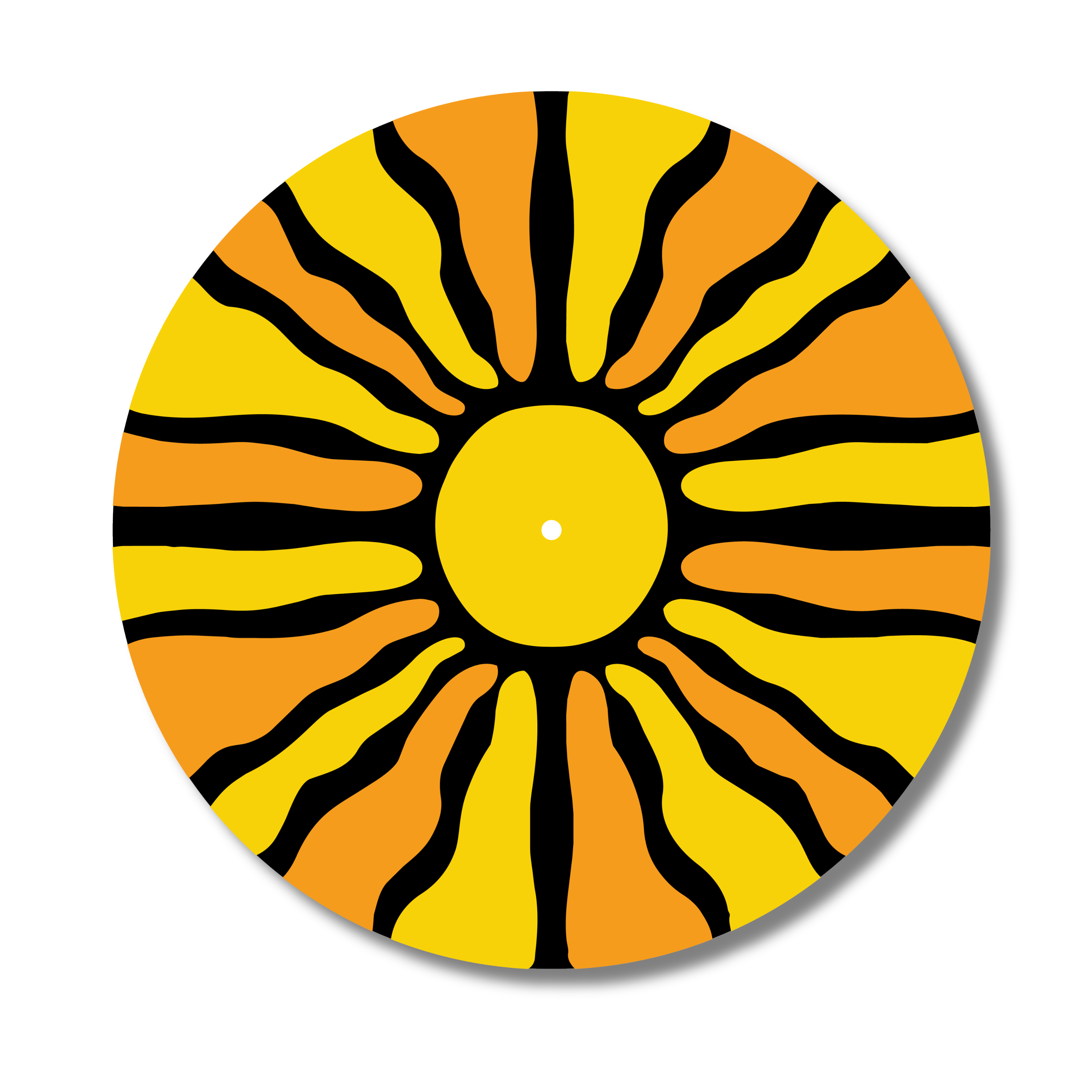 Slipmat with sunburst pattern in orange, yellow, and black on a white background