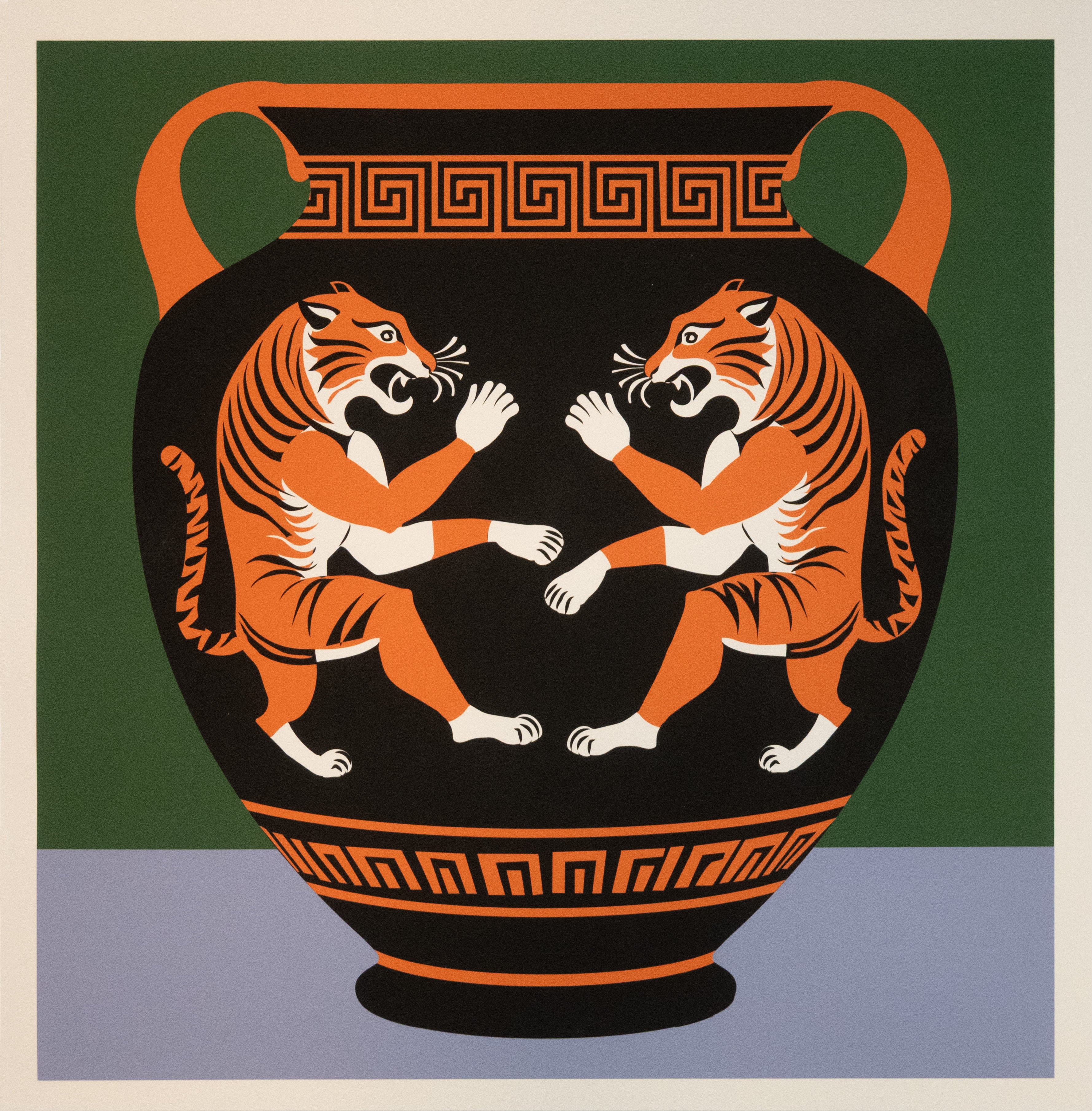 Art print with vase design with two tigers facing each other with forest green and periwinkle background with white border