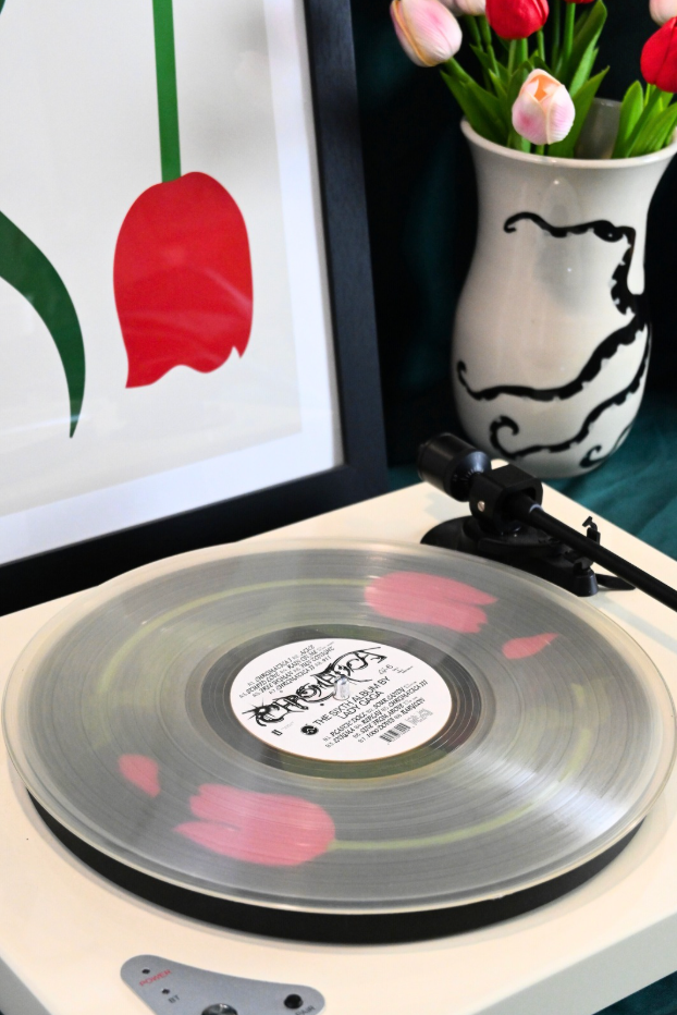 Transparent Vinyl Record over Pink Tulip Turntable Slipmat and styled art and decor