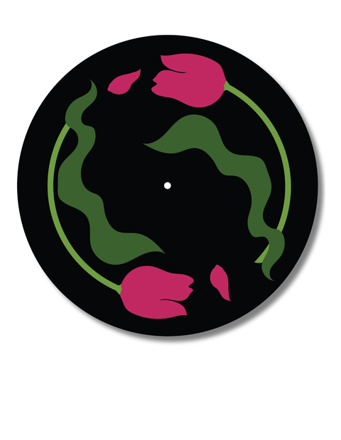 Turntable accessory with unique art work - colorful pink and green tulip design with black background for record players displayed over a white background