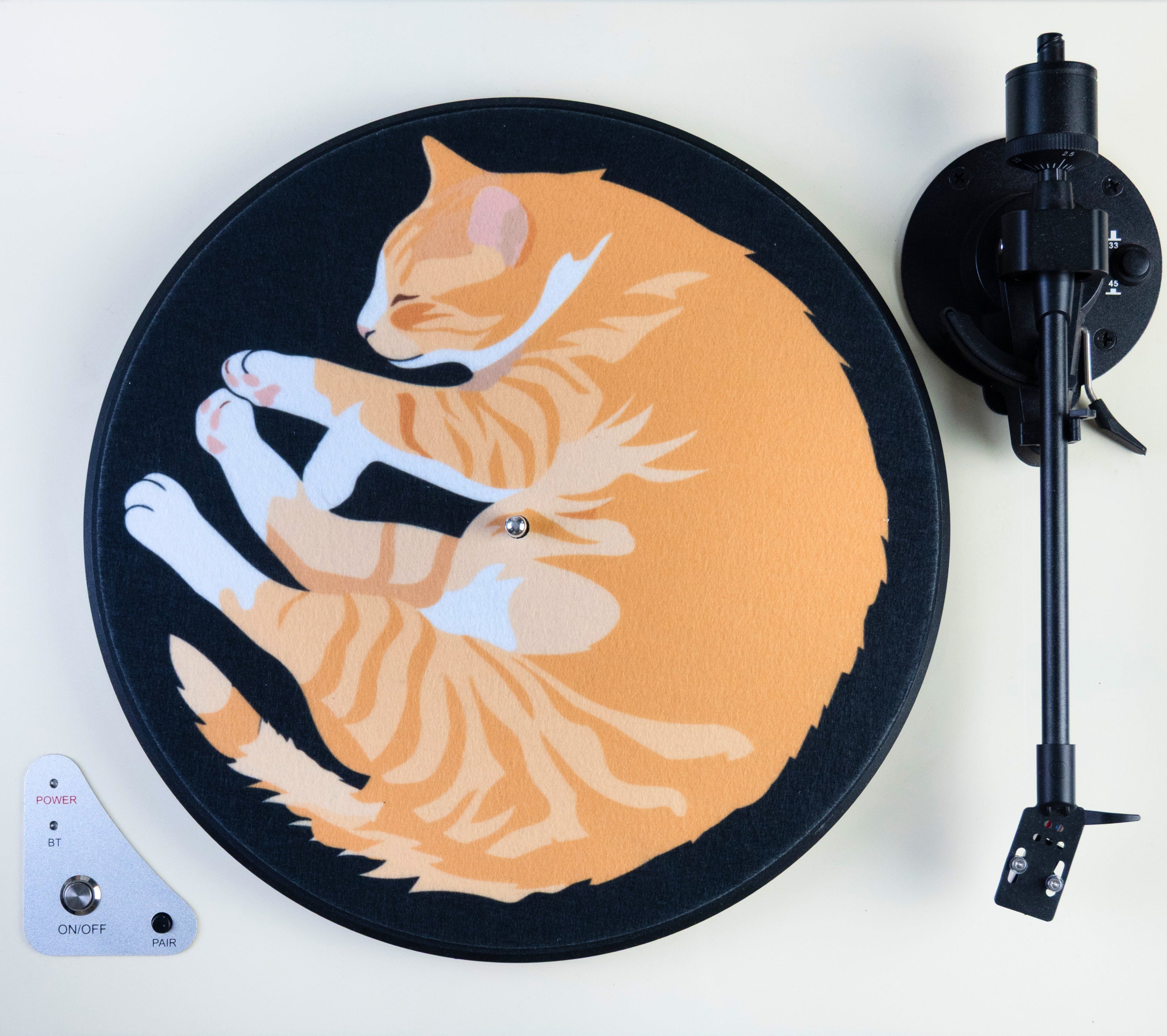 Turntable slipmat with a cat design on the platter