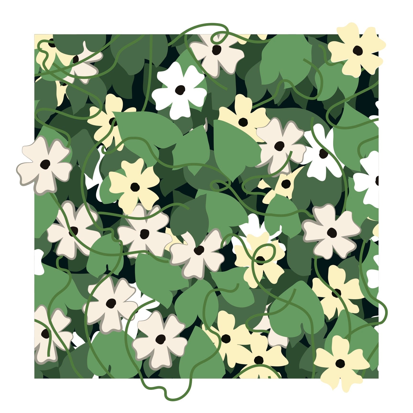 Floral pattern with white and yellow flowers and green leaves on a black background