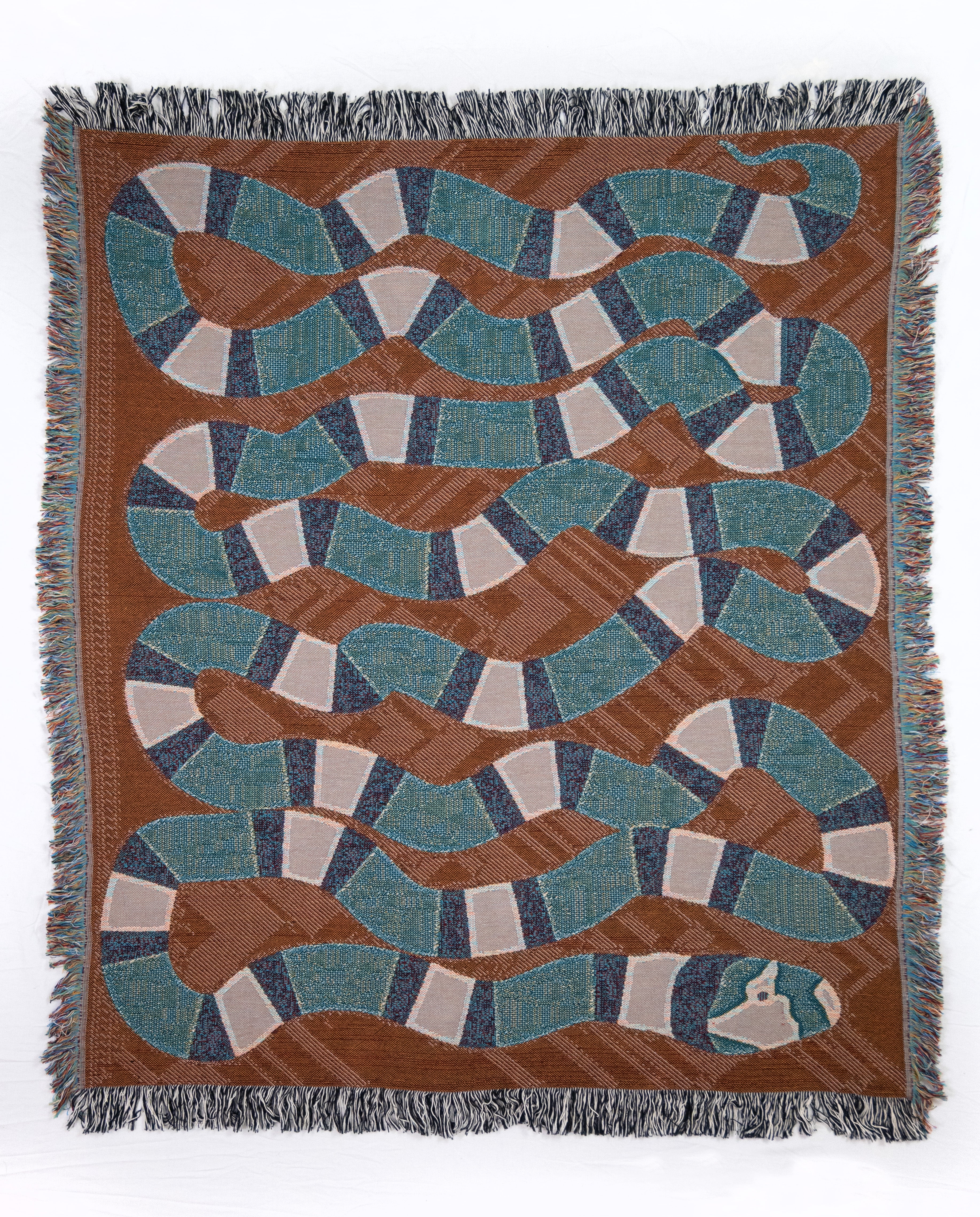 Woven throw blanket with snake pattern reverse side with blue and brown colors