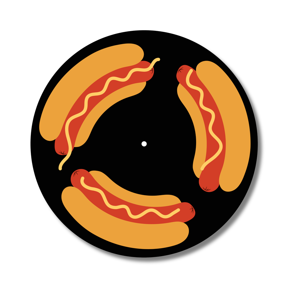 Three hot dogs on buns with mustard arranged in a circular pattern on a felt black turntable slipmat